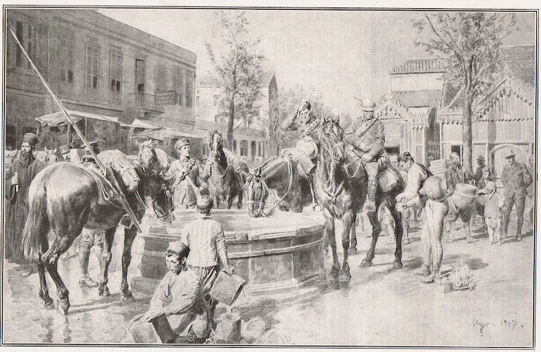 Water for man and beast: a typical scene in Salonika. An illustration dated 1917 from one of the many part works of the period, showing British Yeomanry watering their horses at a fountain in the city.
